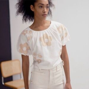 NWT Madewell Sz XL WhiteTan Embroidered Poplin Puff-Sleeve Cutout Crop Top NL011